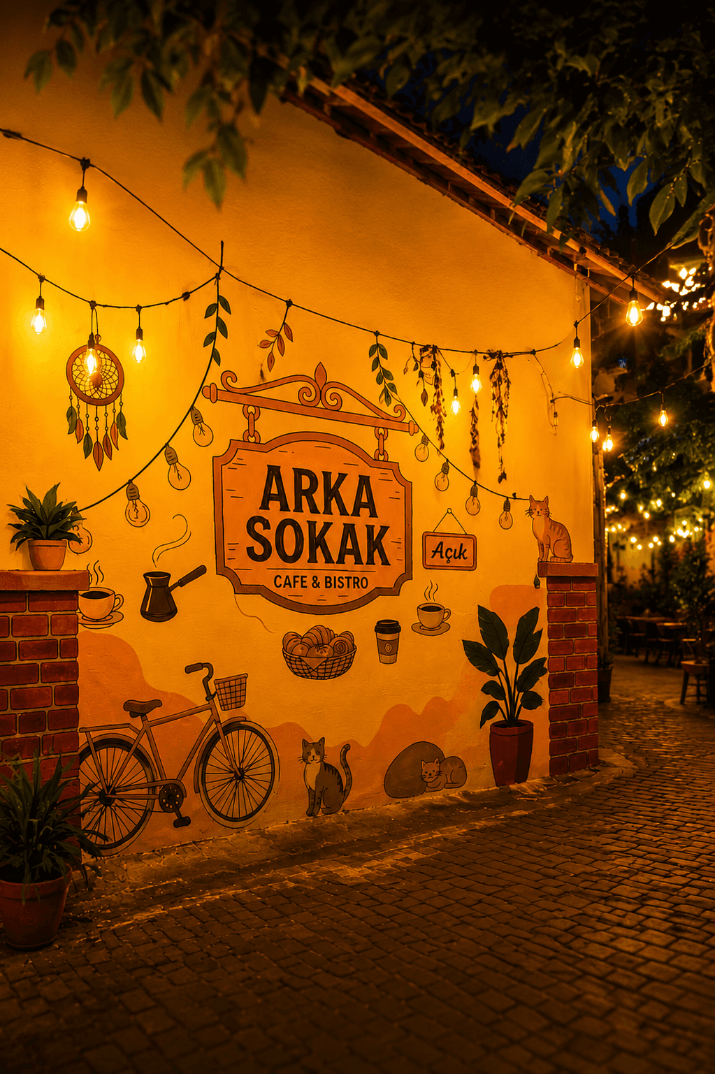 Arka Sokak Cafe & Bistro duvar resmi ve sıcak ışıklar