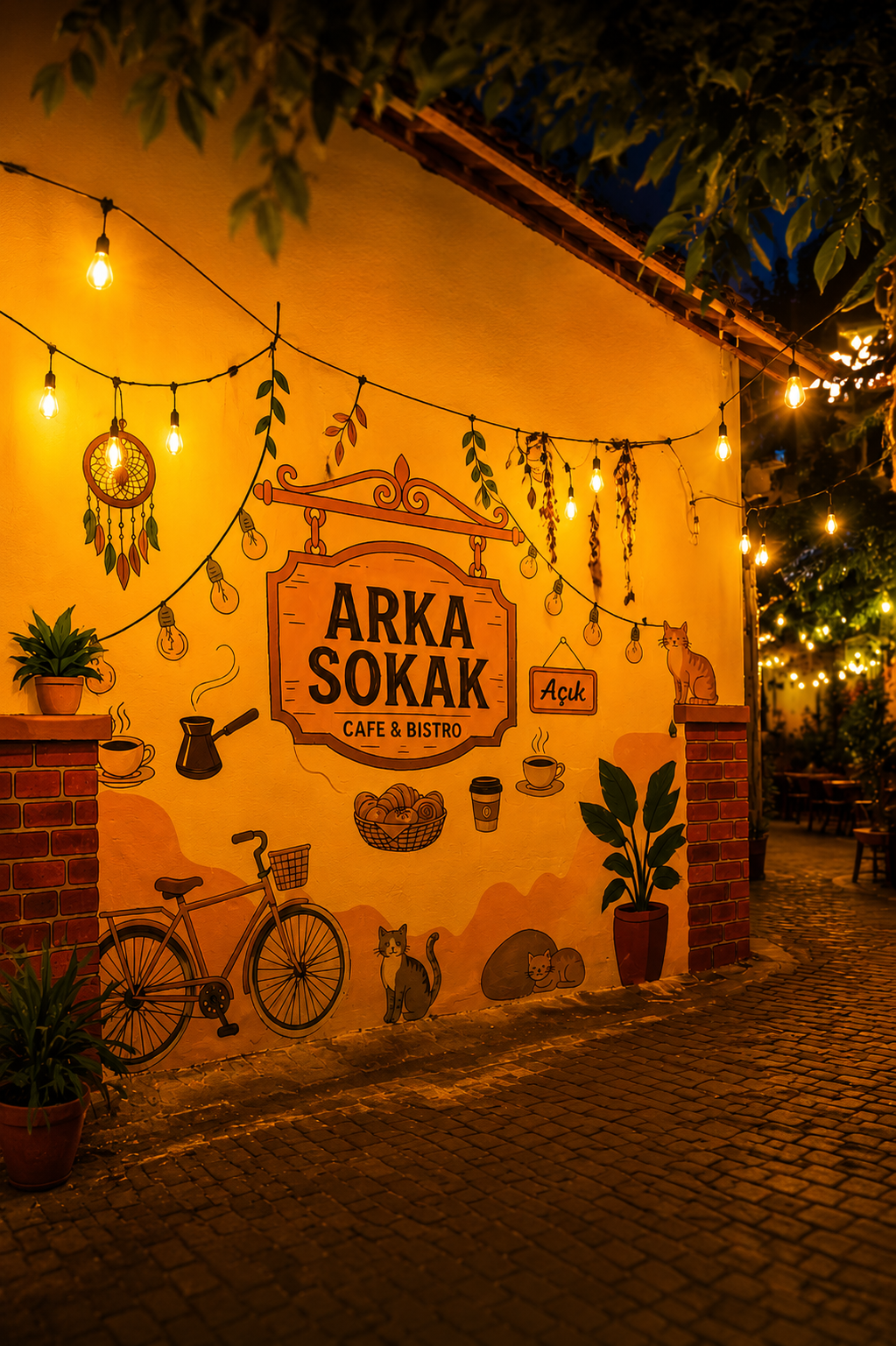Arka Sokak Cafe & Bistro duvar resmi ve sıcak ışıklar